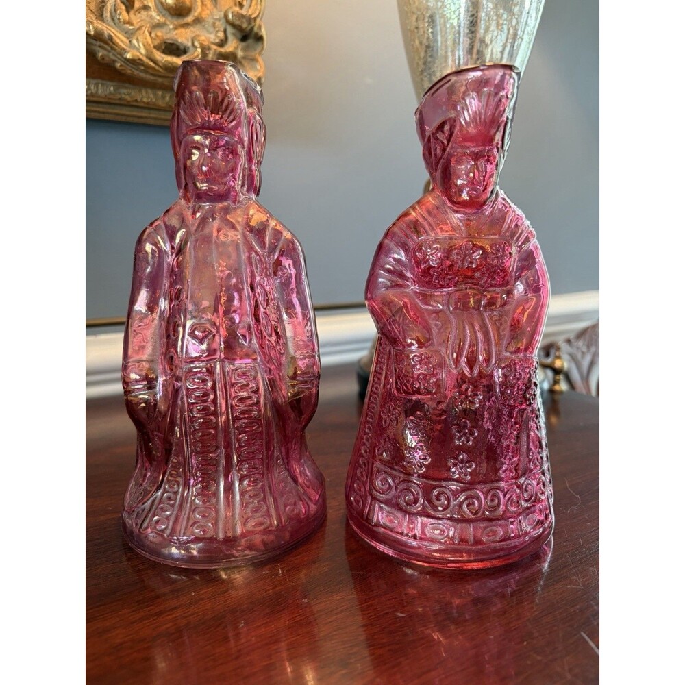 Vintage Kanawha Colonial Lady and Man Figural Pitchers Jugs Cranberry Glass WVA